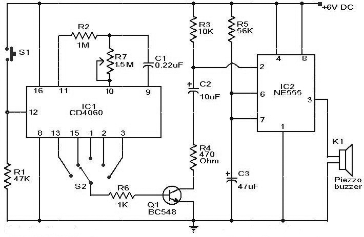 Selective Timer Alarm Circuit using IC 555 & CD4060 ... christmas led light wiring schematic 